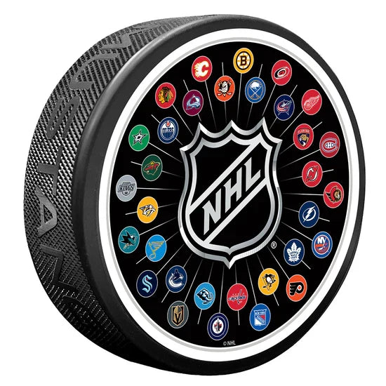 NHL All 32 Teams Textured Hockey Puck product image 1, provided for visual reference and product detail review