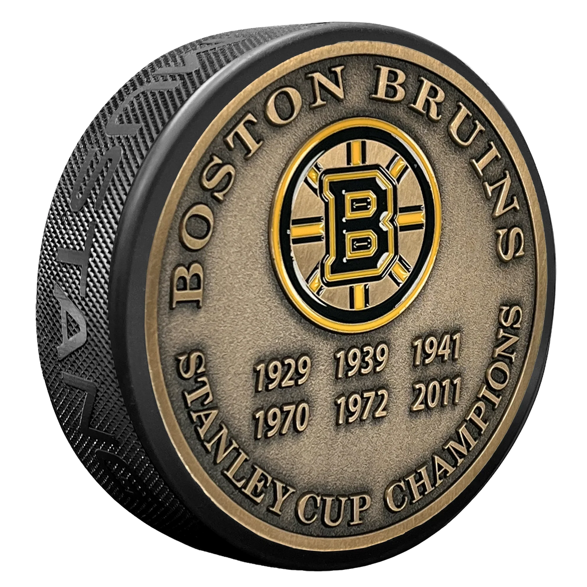 Boston Bruins NHL Stanley Cup Years Medallion Hockey Puck product image 1, provided for visual reference and product detail
