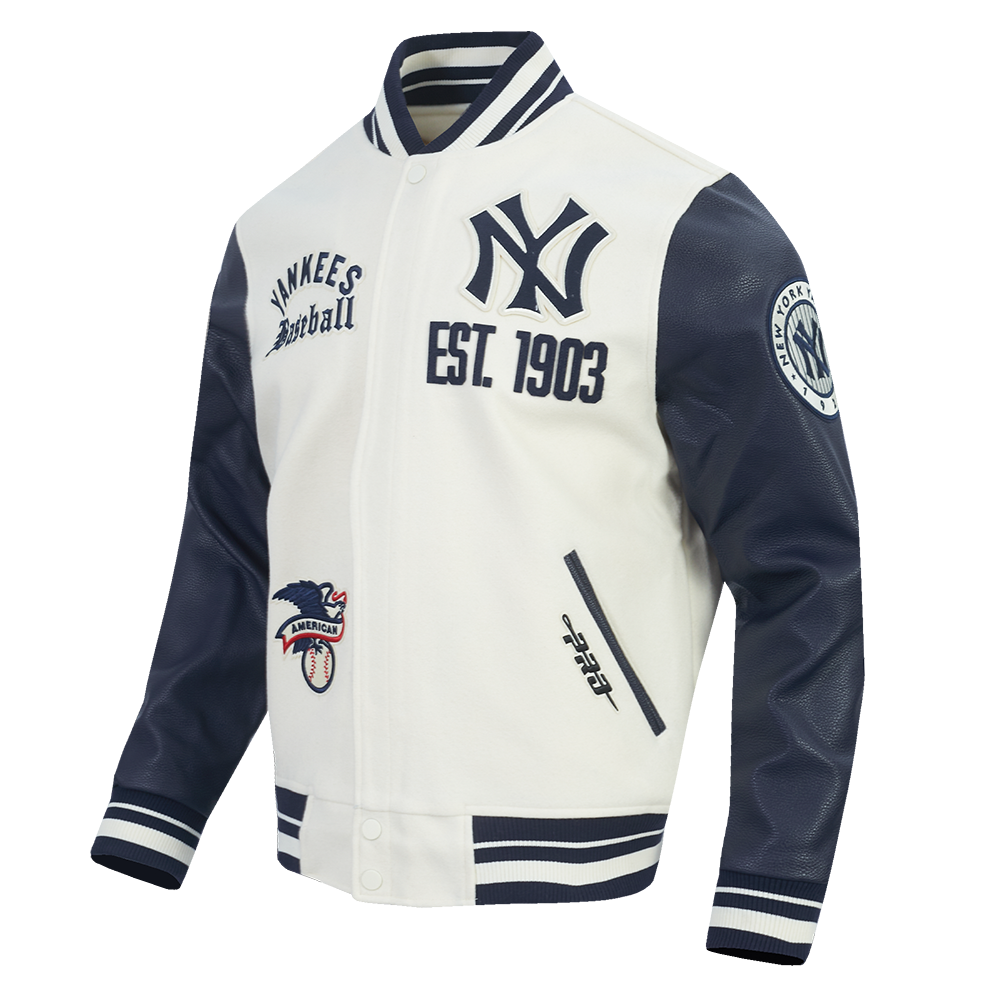 New York Yankees MLB Pro Standard Men Eggshell/Navy Modern Originals Rib Wool Varsity Jacket product image 3, provided for