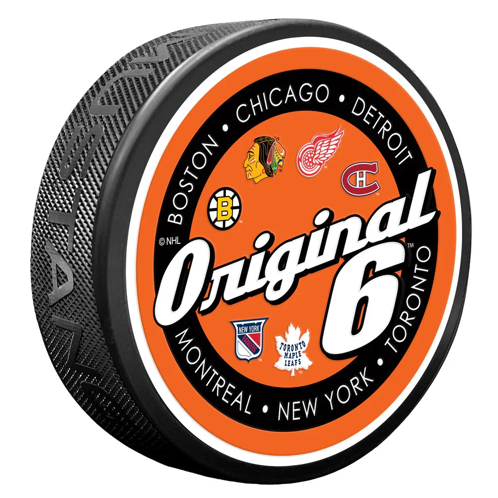 Original Six NHL Script Textured Hockey Puck product image 1, provided for visual reference and product detail review