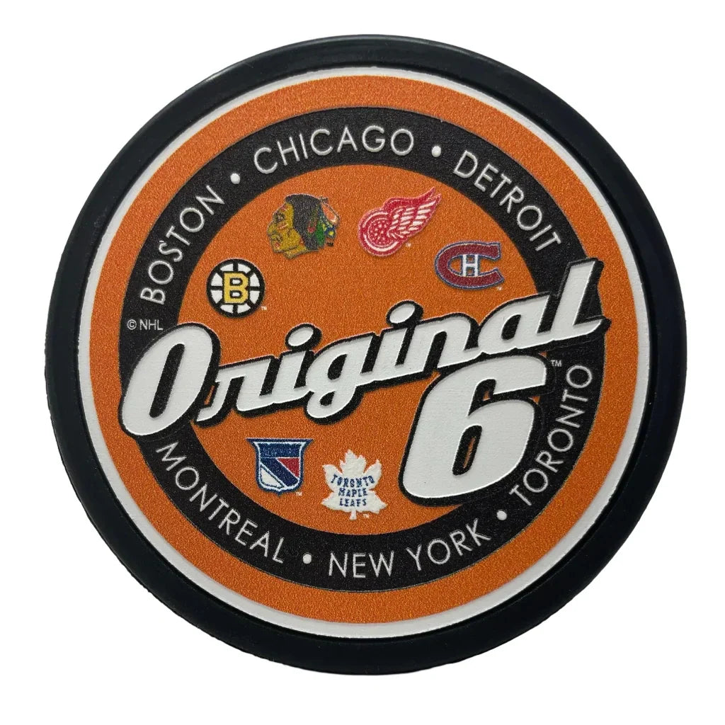 Original Six NHL Script Textured Hockey Puck product image 2, provided for visual reference and product detail review