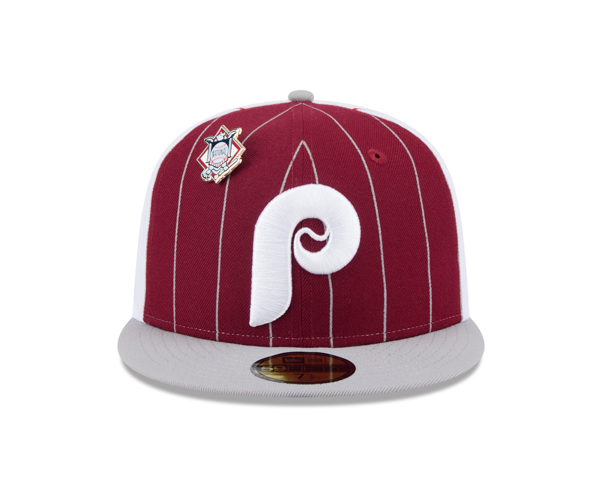 Philadelphia Phillies MLB New Era Men Burgundy 59Fifty Two Tone Pinstripe Fitted Hat product image 4, provided for visual