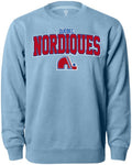 Quebec Nordiques NHL Bulletin Men Light Blue Twill Arch Logo Crew Sweater product image 1, provided for visual reference and