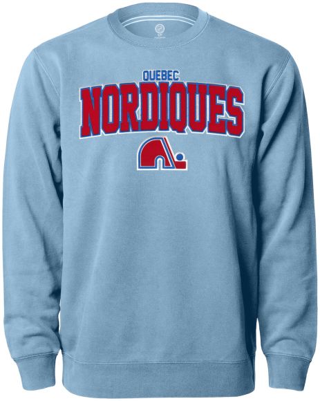 Quebec Nordiques NHL Bulletin Men Light Blue Twill Arch Logo Crew Sweater product image 1, provided for visual reference and