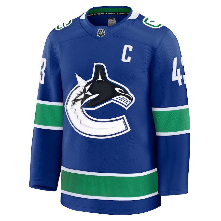 Quinn Hughes Vancouver Canucks NHL Fanatics Branded Men Royal Blue Premium Jersey product image 2, provided for visual
