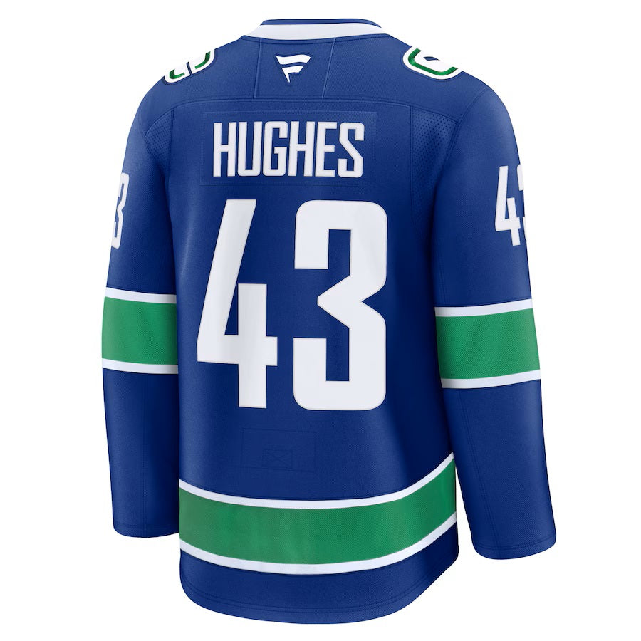 Quinn Hughes Vancouver Canucks NHL Fanatics Branded Men Royal Blue Premium Jersey product image 1, provided for visual