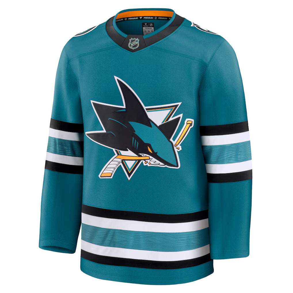 San Jose Sharks NHL Fanatics Branded Men Teal Premium Jersey product image 1, provided for visual reference and product