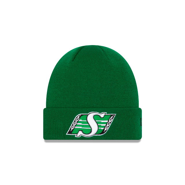 Saskatchewan Roughriders CFL New Era Men Kelly Green Raised Cuff Knit Hat product image 1, provided for visual reference and