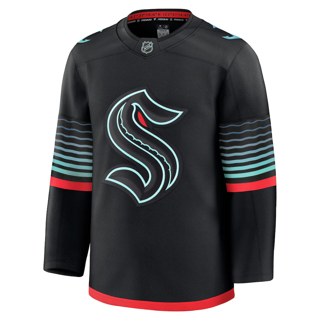 Seattle Kraken NHL Fanatics Branded Men Black Alternate Premium Jersey product image 1, provided for visual reference and
