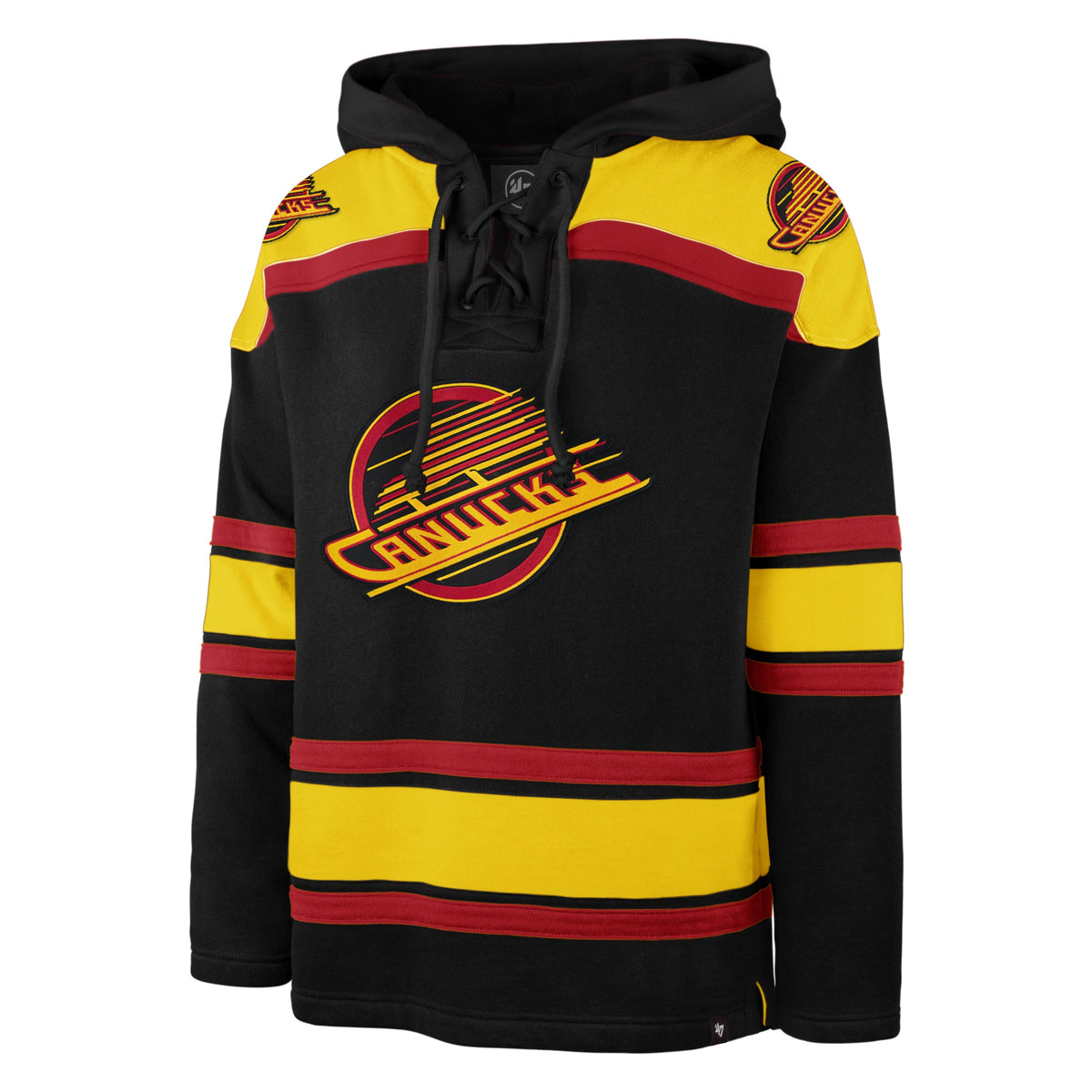 Vancouver Canucks NHL 47 Brand Men Black Retro Heavyweight Lacer Hoodie product image 1, provided for visual reference and