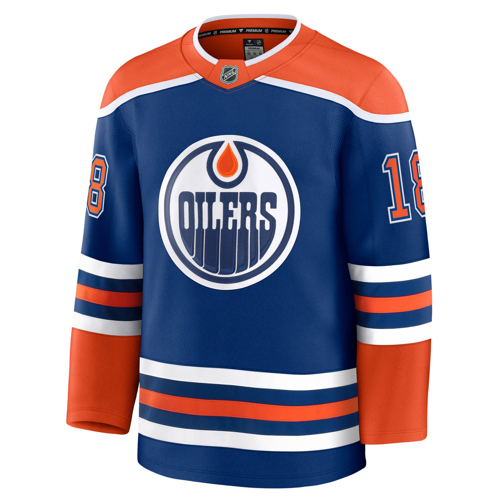 Zach Hyman Edmonton Oilers NHL Fanatics Branded Men Royal Blue Premium Jersey product image 2, provided for visual reference