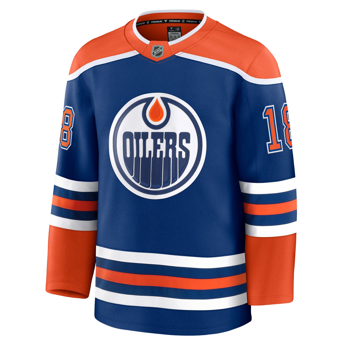 Zach Hyman Edmonton Oilers NHL Fanatics Branded Men Royal Blue Premium Jersey product image 2, provided for visual reference
