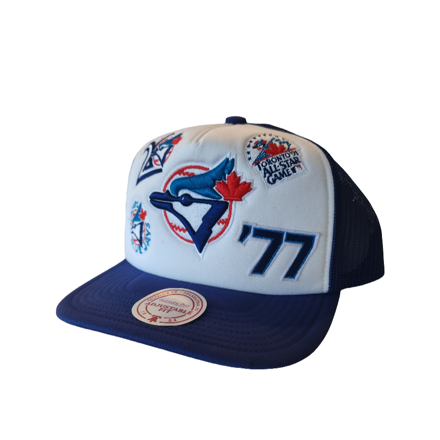 Toronto Blue Jays MLB Mitchell & Ness Men White Gridlock Trucker Adjustable Fit Snapback Hat product image 2, provided for