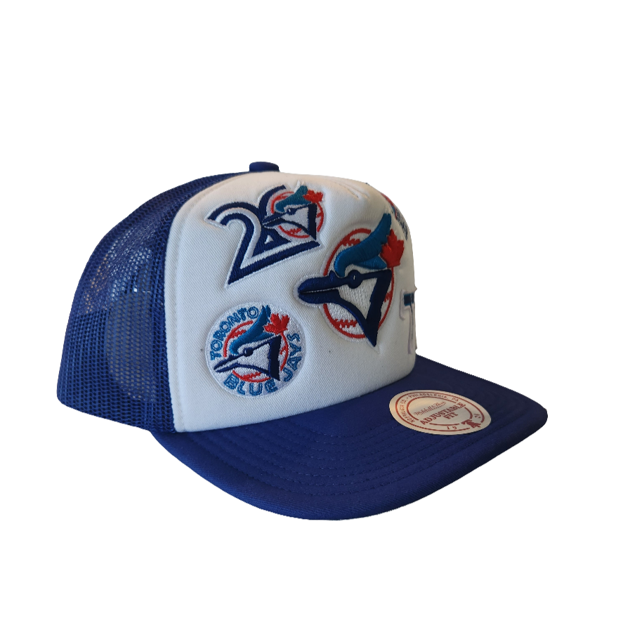 Toronto Blue Jays MLB Mitchell & Ness Men White Gridlock Trucker Adjustable Fit Snapback Hat product image 3, provided for