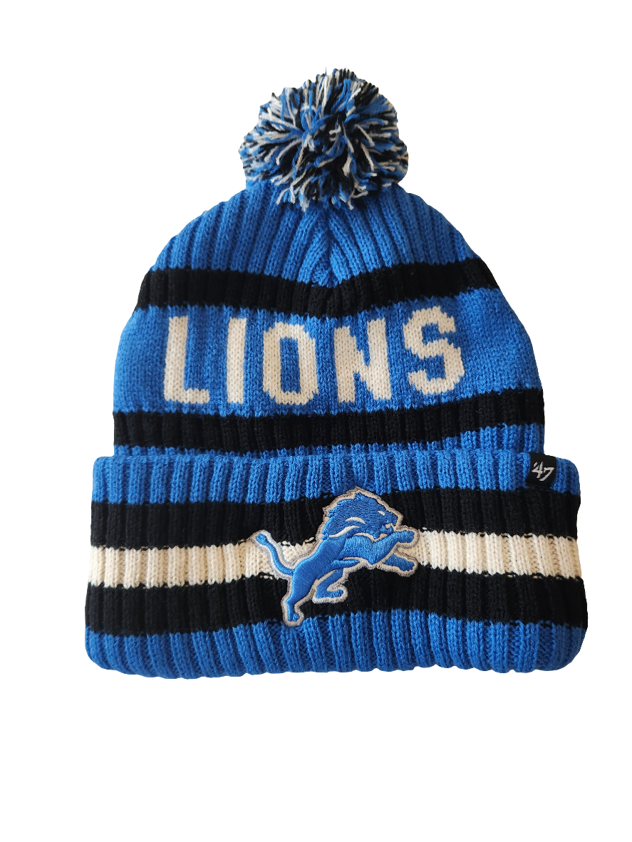 Detroit Lions NFL 47 Brand Men Blue/Black Bering Cuff Pom Knit product image 1, provided for visual reference and product