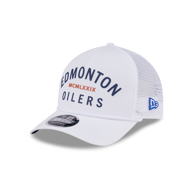 Edmonton Oilers NHL New Era Men White 9FORTY M-Crown A-Frame Minimalist Trucker Hat product image 1, provided for visual