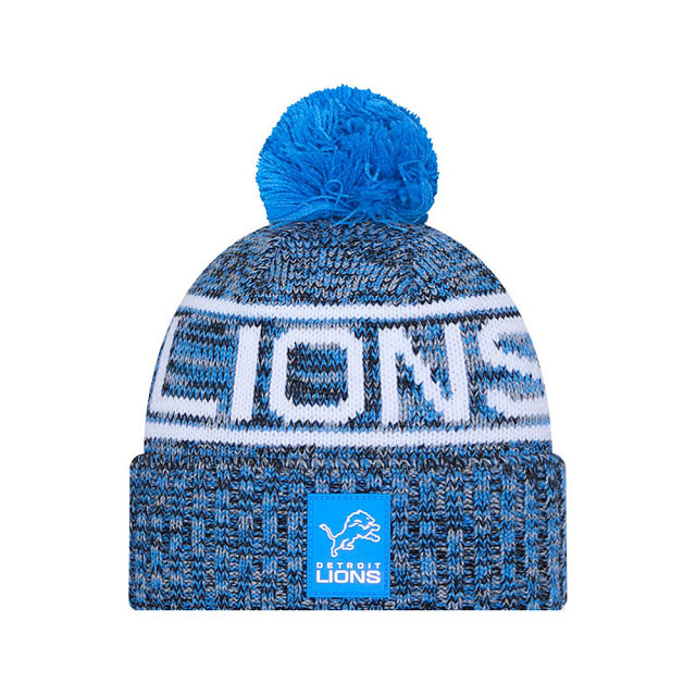 Detroit Lions NFL New Era Men Blue 2025 Sideline Sport Knit Pom Hat product image 1, provided for visual reference and