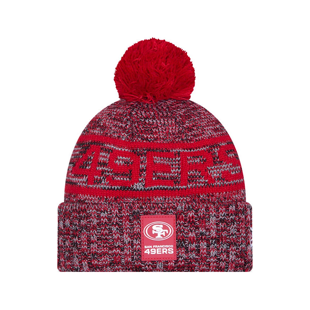 San Francisco 49ers NFL New Era Men Red 2025 Sideline Sport Knit Pom Hat product image 1, provided for visual reference and