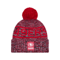 San Francisco 49ers NFL New Era Men Red 2025 Sideline Sport Knit Pom Hat product image 1, provided for visual reference and