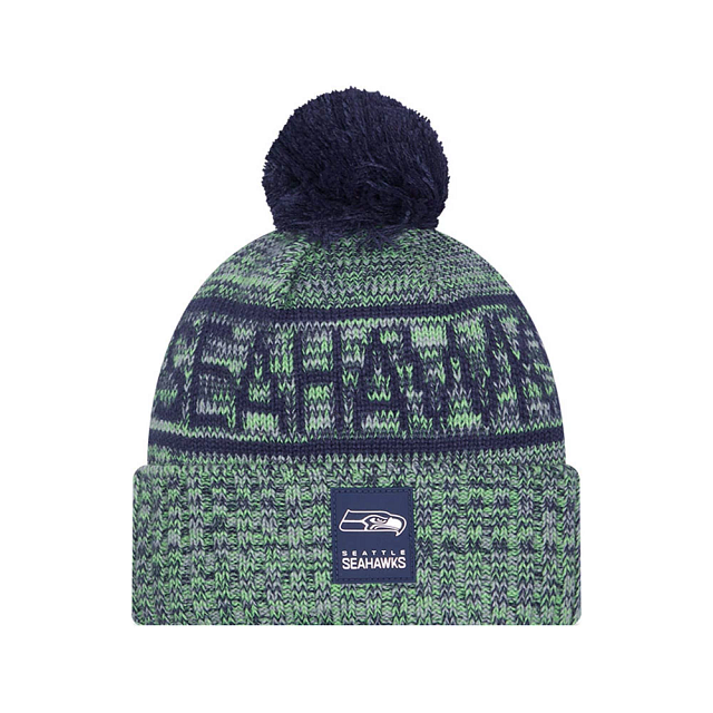 Seattle Seahawks NFL New Era Men Navy/Green 2025 Sideline Sport Knit Pom Hat product image 1, provided for visual reference