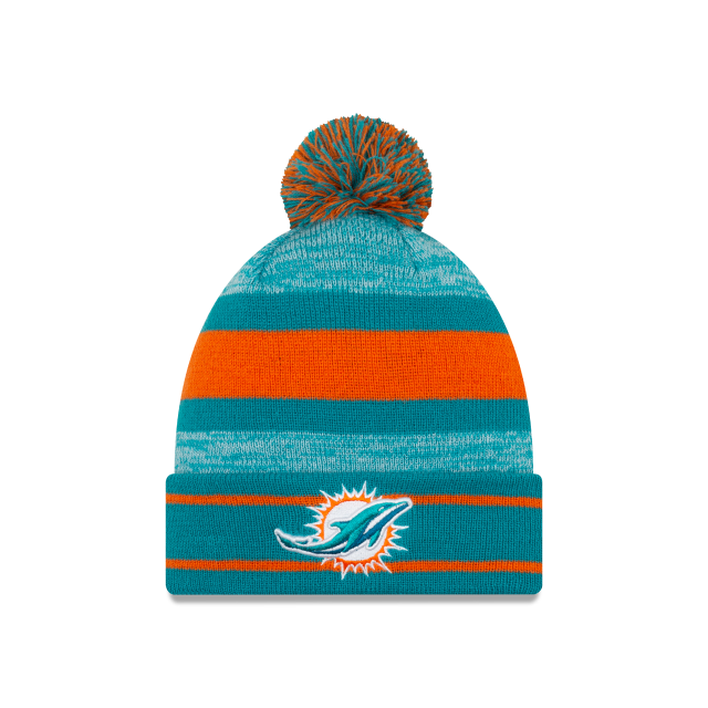 Miami Dolphins NFL New Era Men Teal Cuff Pom Knit Hat product image 1, provided for visual reference and product detail