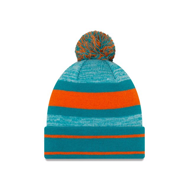 Miami Dolphins NFL New Era Men Teal Cuff Pom Knit Hat product image 2, provided for visual reference and product detail