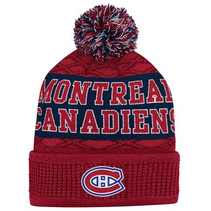 Montreal Canadiens NHL Outerstuff Youth Red Puck Pattern Jacquard Cuff Pom Knit Hat product image 1, provided for visual