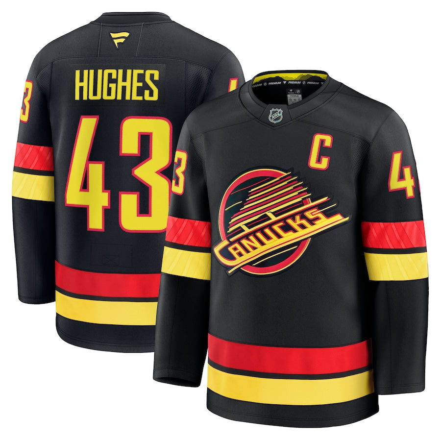 Quinn Hughes Vancouver Canucks NHL Fanatics Branded Men Black Alternate Premium Jersey product image 3, provided for visual