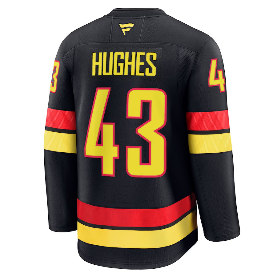 Quinn Hughes Vancouver Canucks NHL Fanatics Branded Men Black Alternate Premium Jersey product image 1, provided for visual
