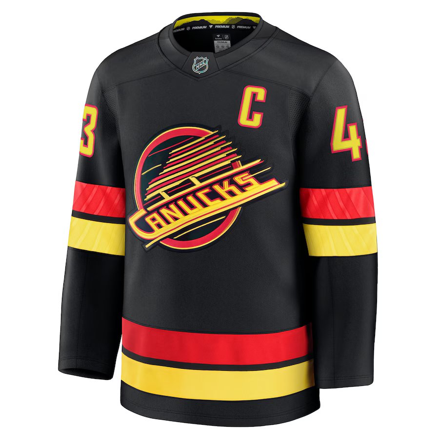 Quinn Hughes Vancouver Canucks NHL Fanatics Branded Men Black Alternate Premium Jersey product image 2, provided for visual