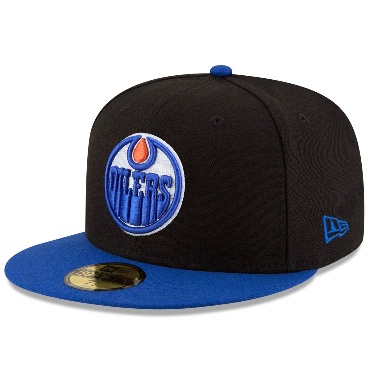 Edmonton Oilers NHL New Era Men Black Royal Two Tone 59Fifty Fitted Hat product image 1, provided for visual reference and