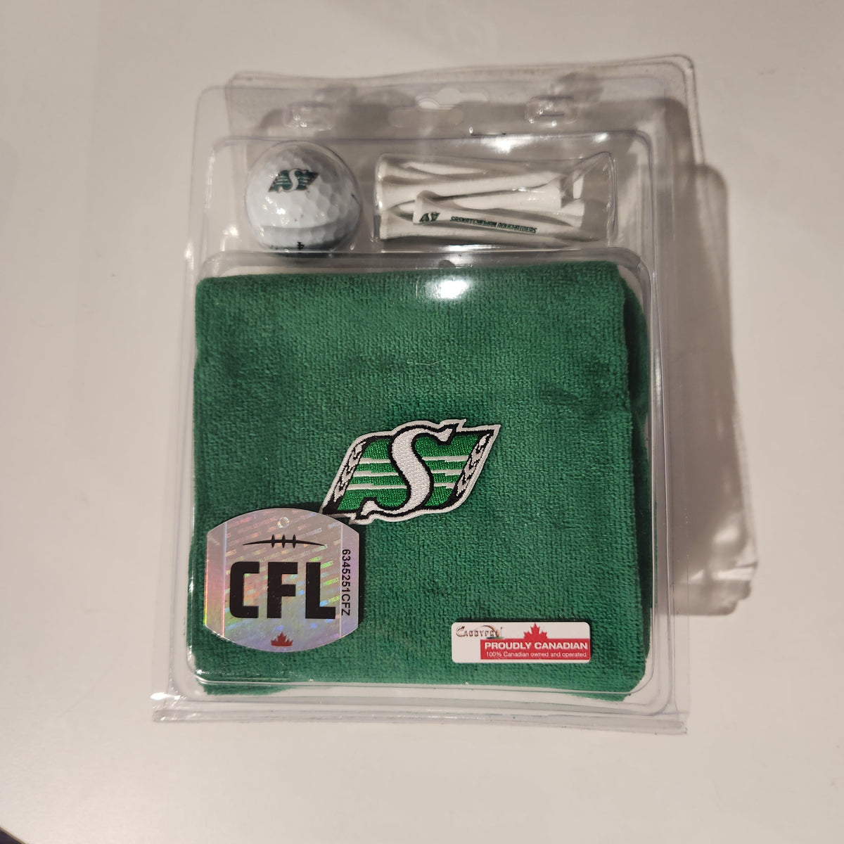 Saskatchewan Roughriders CFL Towel Ball & Tees Gift Set product image 1, provided for visual reference and product detail