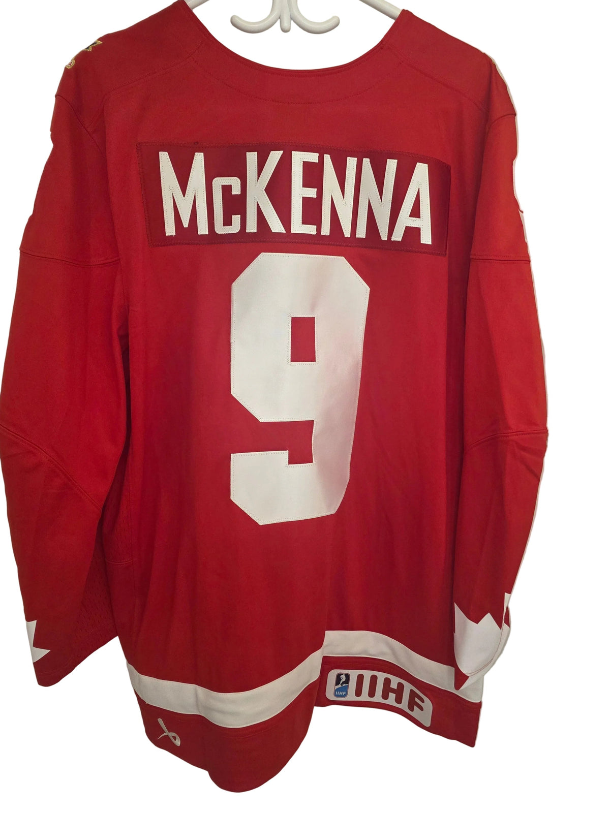 Gavin McKenna Hockey Canada IIHF Bauer Men Red One Leaf Replica Jersey product image 1, provided for visual reference and