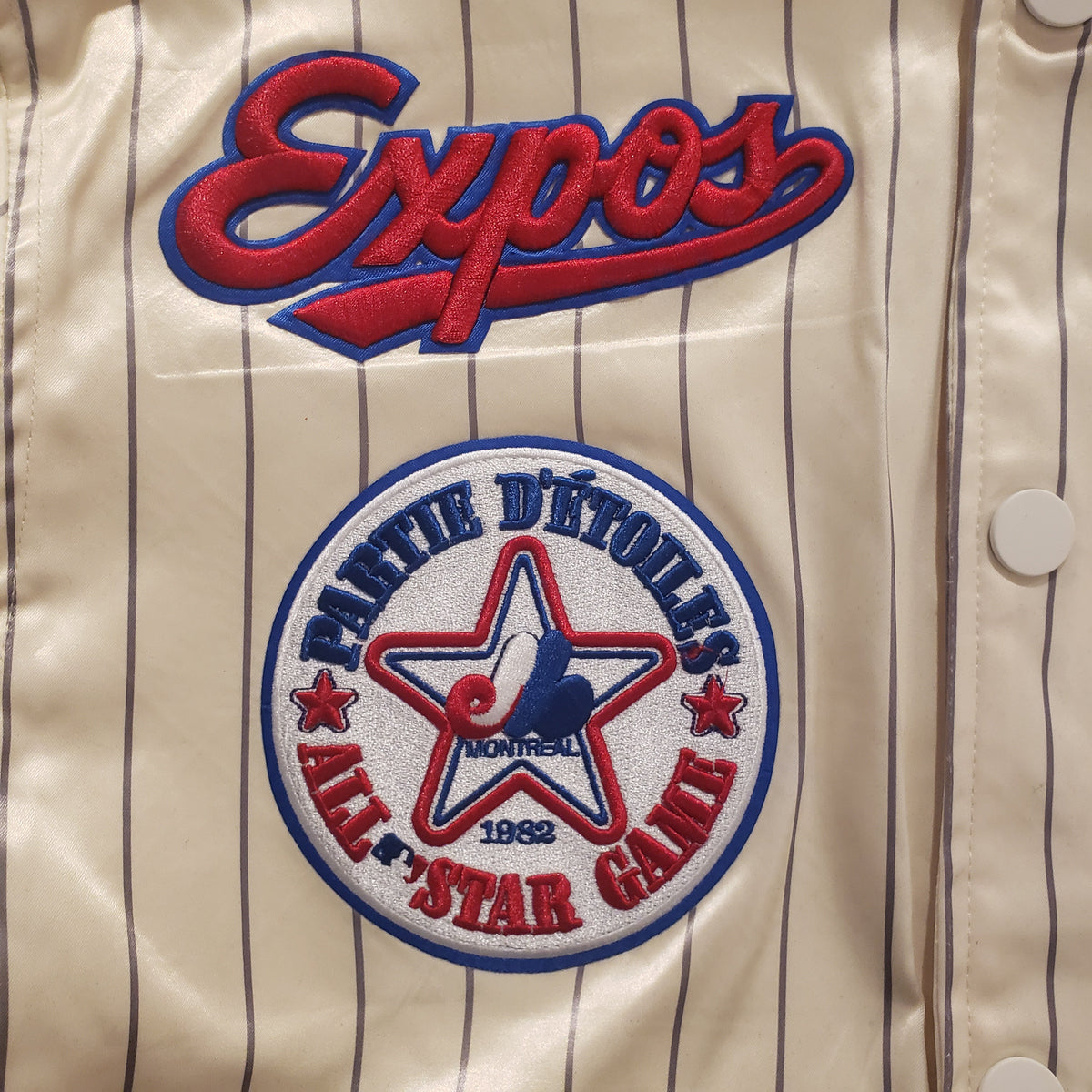 Montreal Expos MLB Pro Standard Men Off-White Cooperstown Pinstripe Satin Jacket product image 4, provided for visual