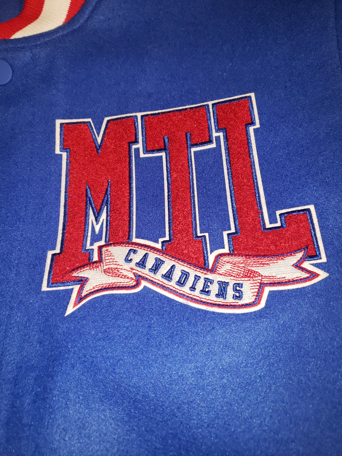 Montreal Canadiens NHL Pro Standard Men Royal Blue/White Rib Wool Varsity Jacket product image 3, provided for visual