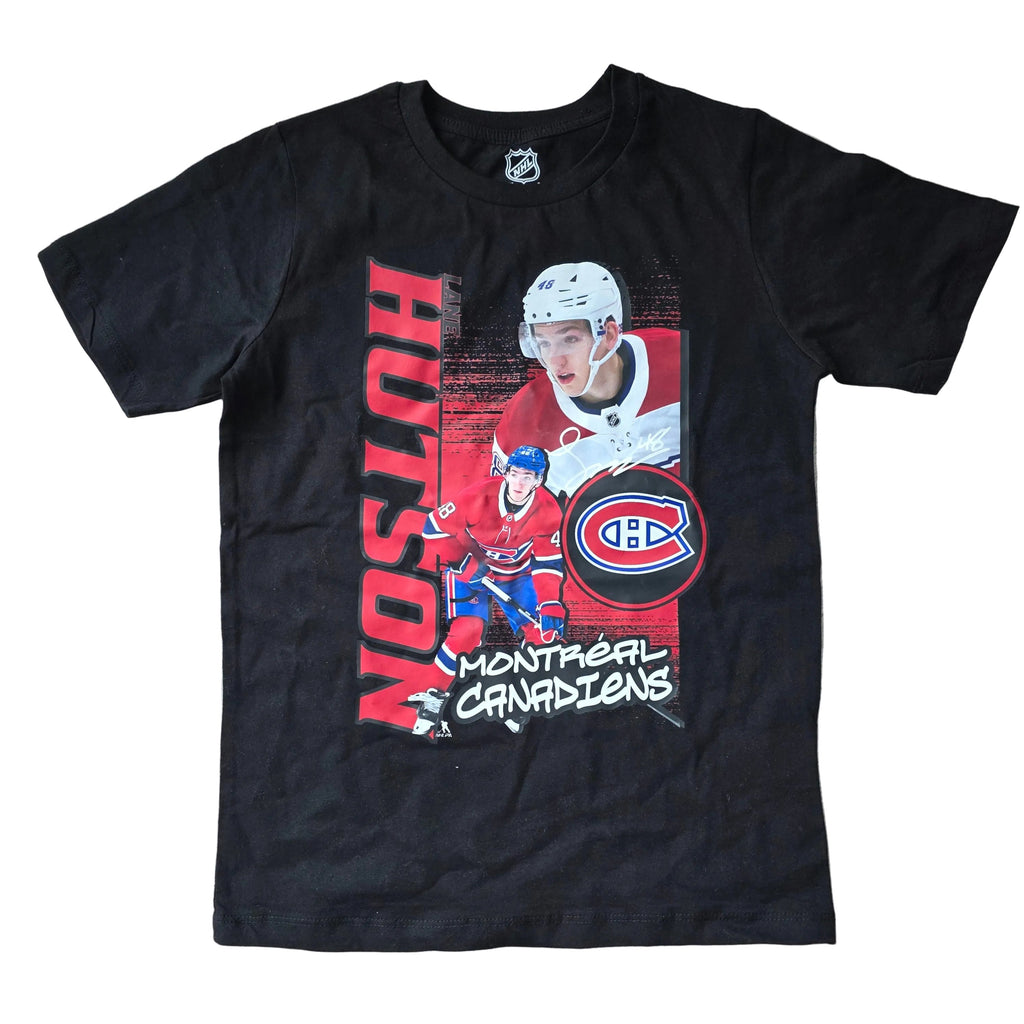 Lane Hutson Montreal Canadiens NHL Outerstuff Youth Black Playmaker T-Shirt product image 2, provided for visual reference