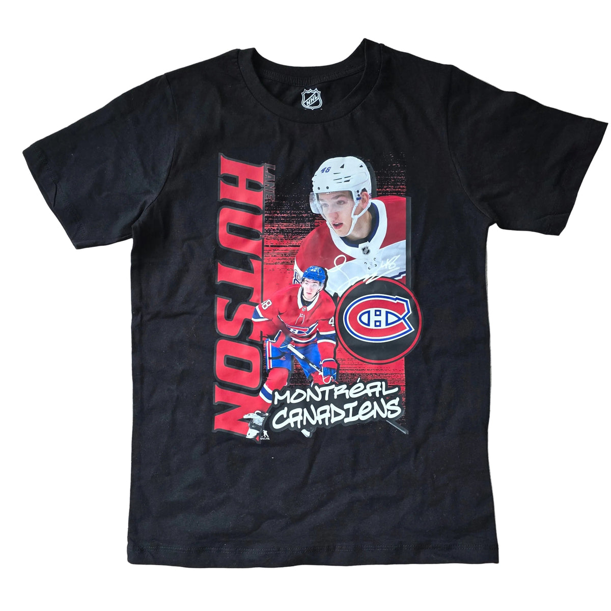 Lane Hutson Montreal Canadiens NHL Outerstuff Youth Black Playmaker T-Shirt product image 2, provided for visual reference