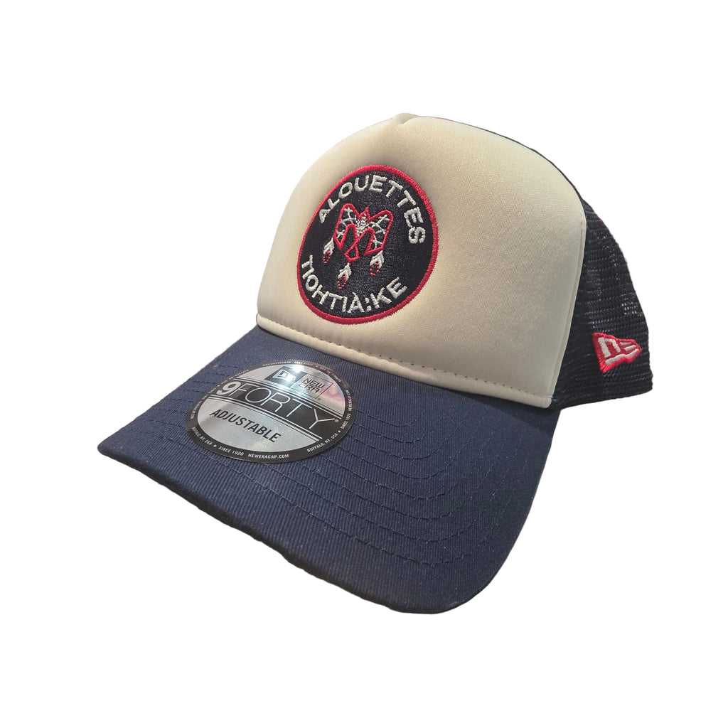 Montreal Alouettes CFL New Era Men Beige Navy 9Forty A-Frame Trucker Snapback Hat product image 1, provided for visual