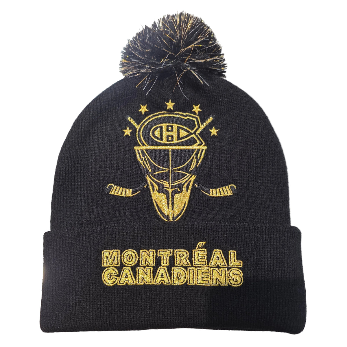 Montreal Canadiens Mitchell & Ness Men Black Golden Goalie Mask Cuffed Knit Pom Hat product image 1, provided for visual