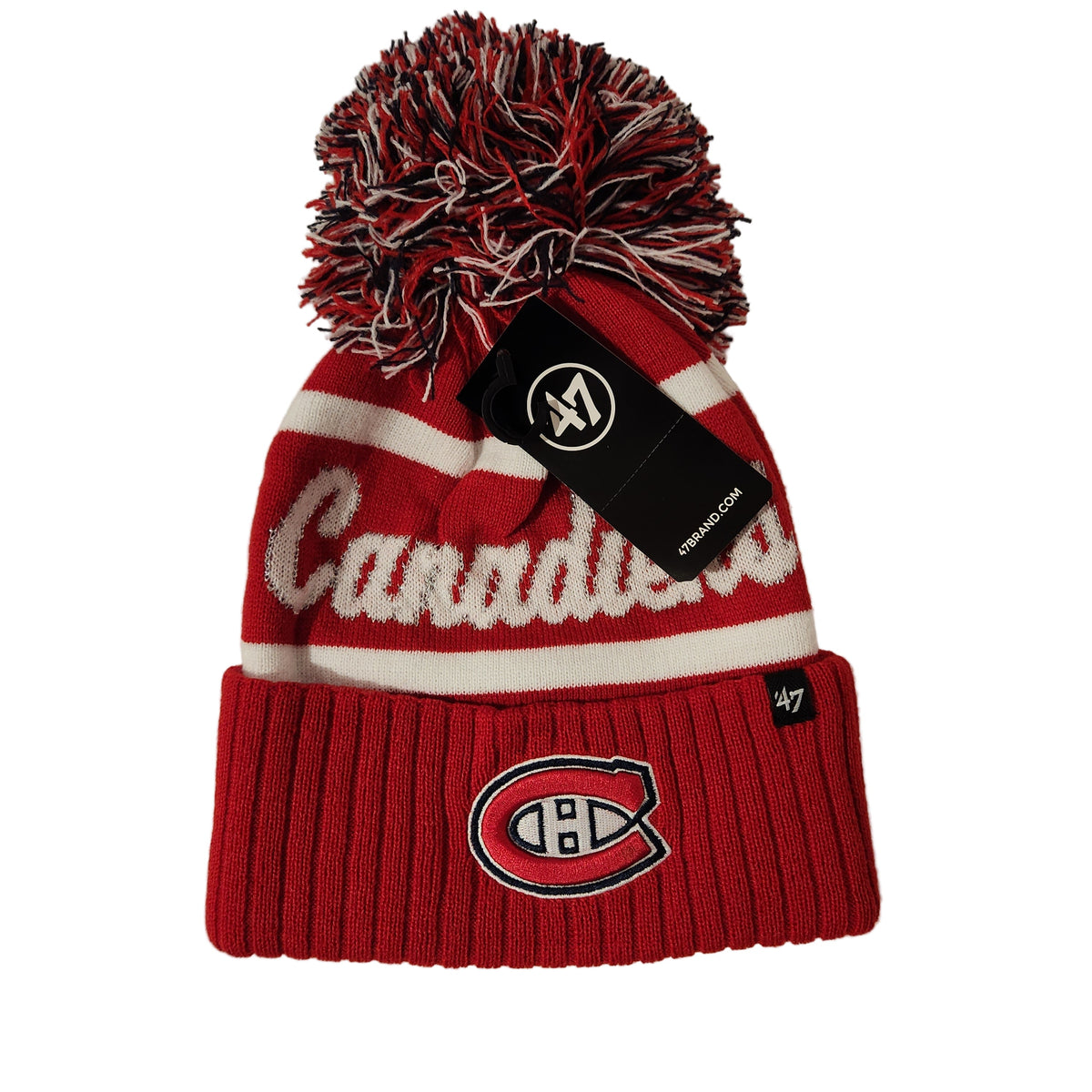 Montreal Canadiens NHL 47 Brand Women Red Spirited Cuff Pom Knit product image 1, provided for visual reference and product