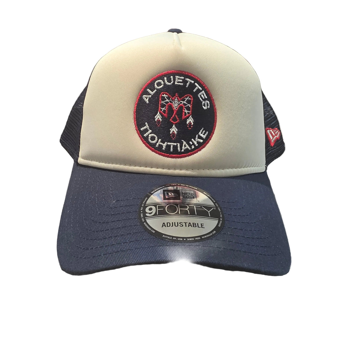 Montreal Alouettes CFL New Era Men Beige Navy 9Forty A-Frame Trucker Snapback Hat product image 2, provided for visual