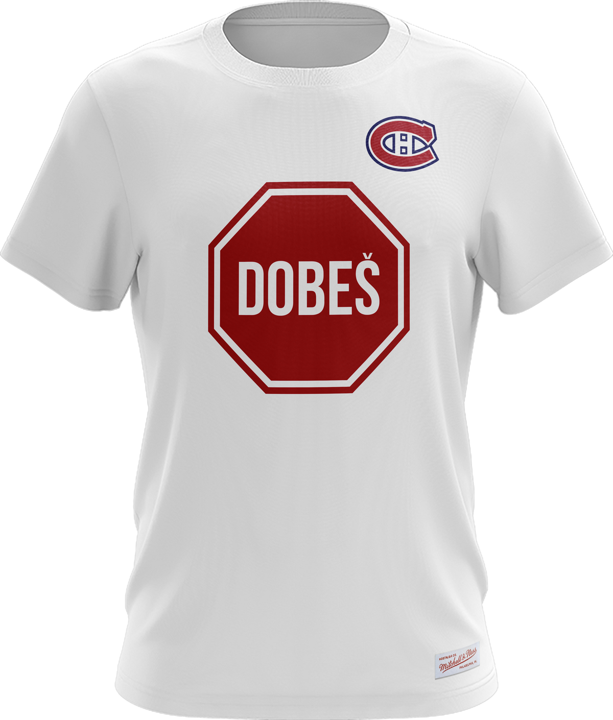 Jakub Dobes Montreal Canadiens NHL Mitchell & Ness Men White Stop T-Shirt product image 1, provided for visual reference and