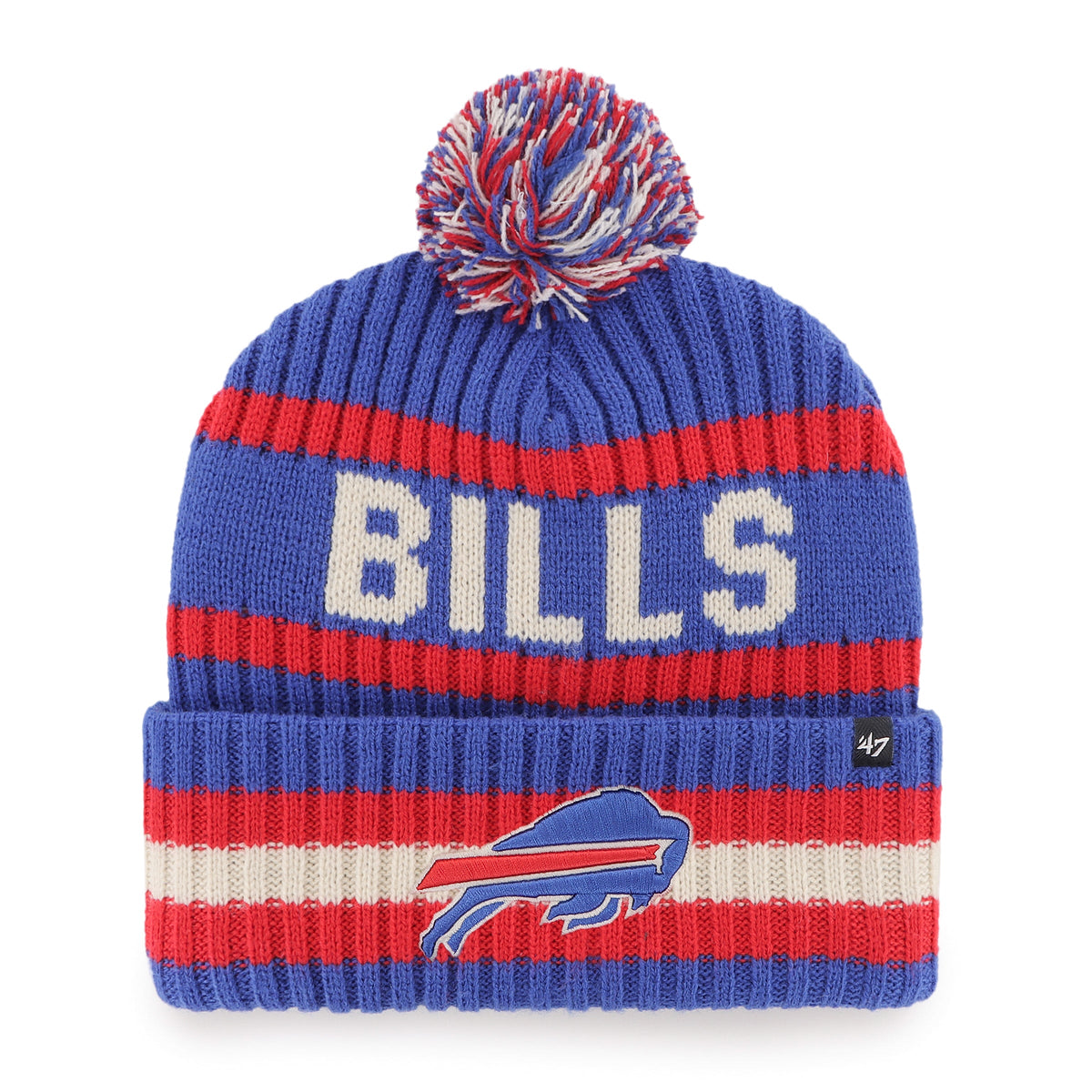 Buffalo Bills NFL 47 Brand Men Royal/Red Bering Cuff Pom Knit product image 1, provided for visual reference and product