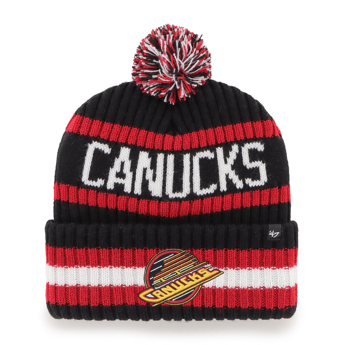 Vancouver Canucks NHL 47 Brand Men Black/Red Bering Cuff Pom Knit product image 1, provided for visual reference and product
