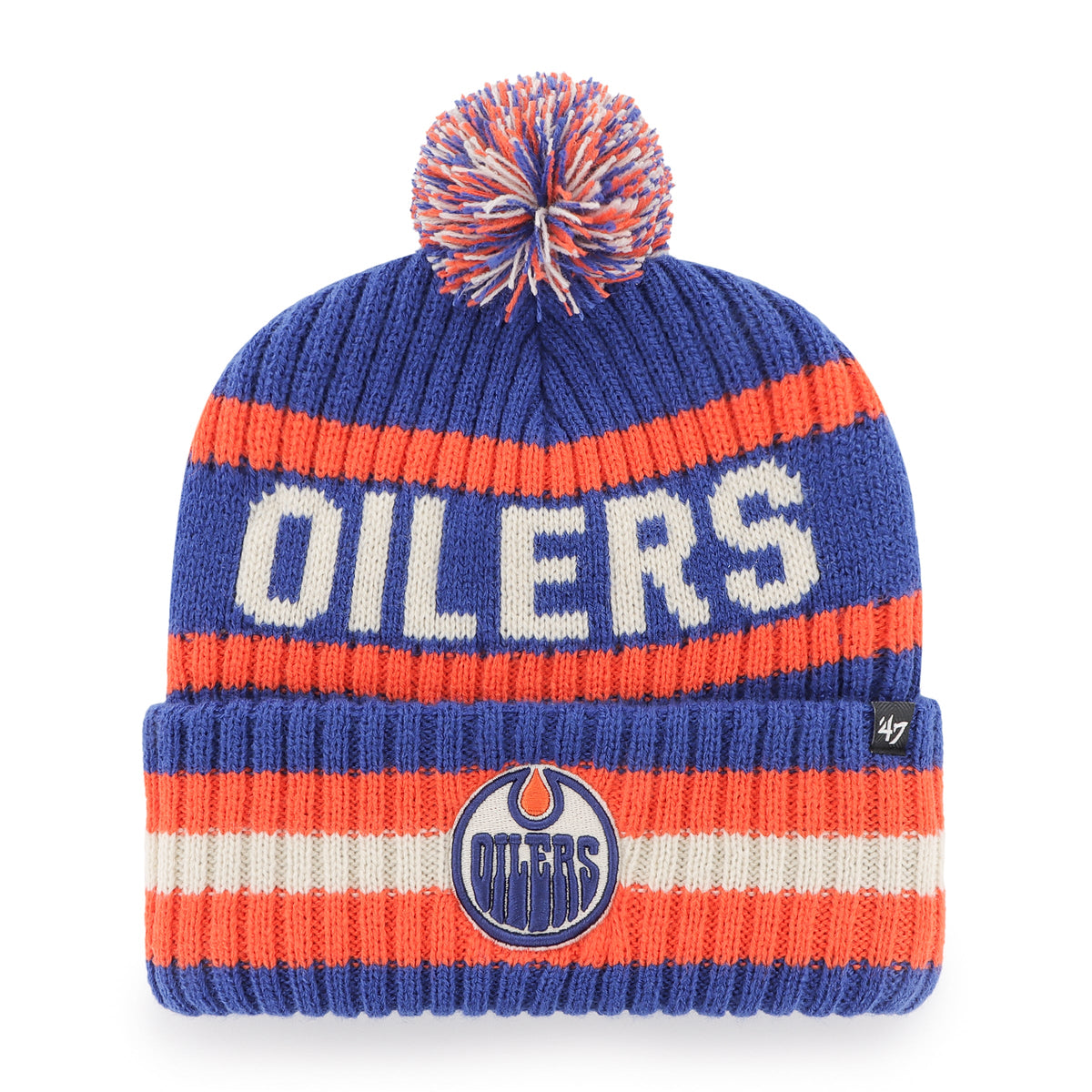 Edmonton Oilers NHL 47 Brand Men Royal/Orange Bering Cuff Pom Knit product image 1, provided for visual reference and
