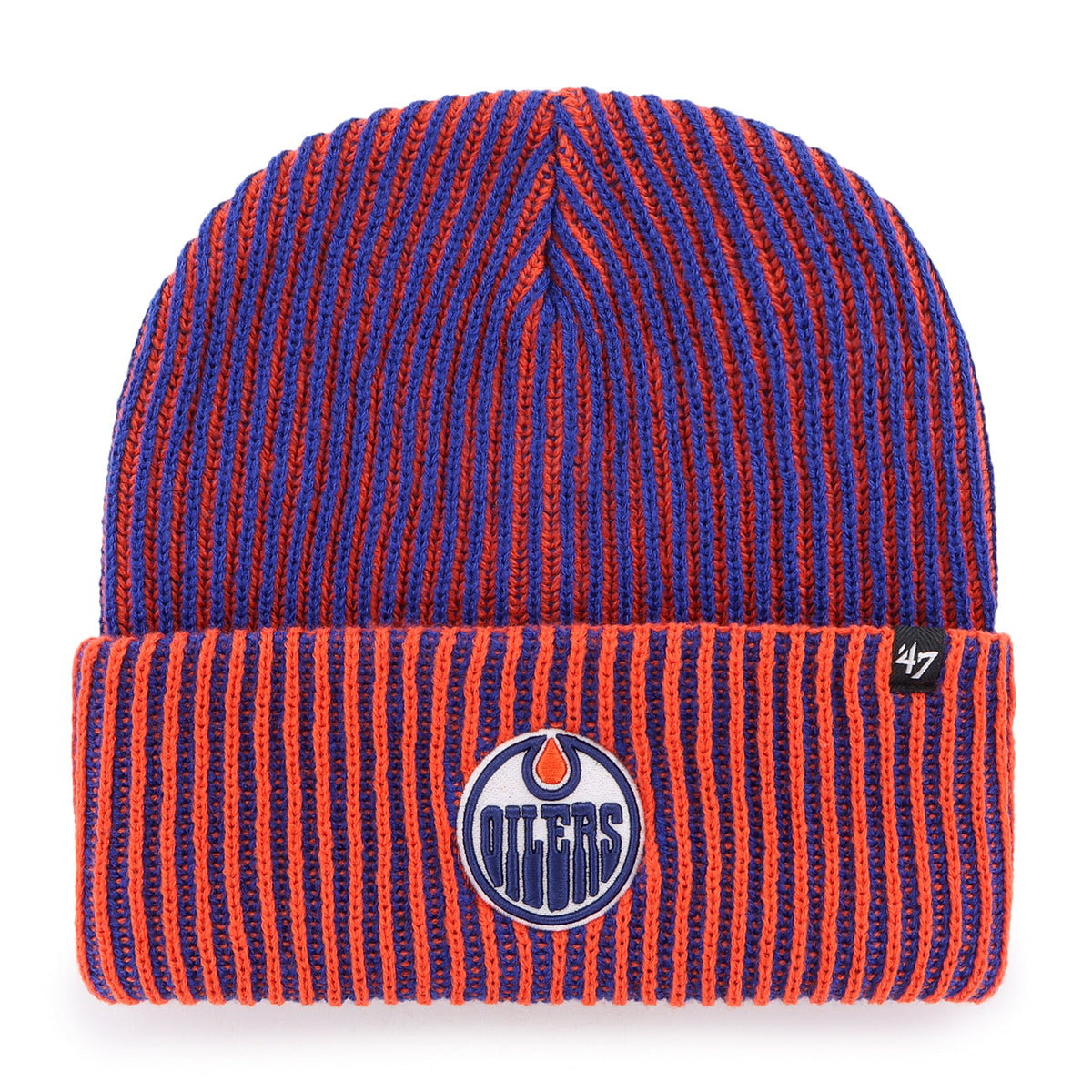 Edmonton Oilers NHL 47 Brand Men Orange/Royal Cold Snap Cuff Knit Hat product image 1, provided for visual reference and