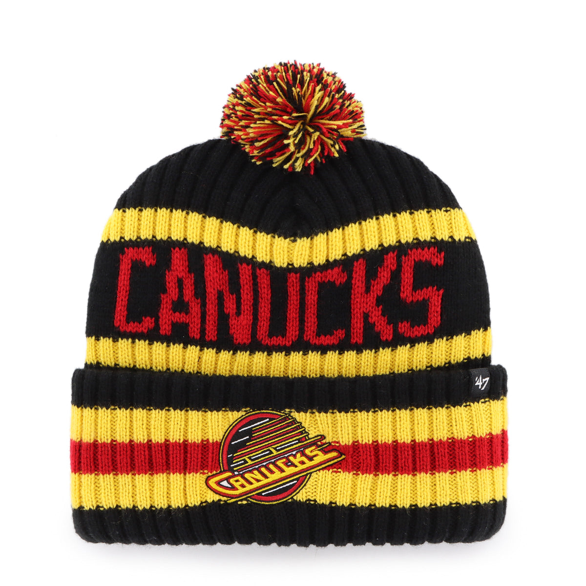 Vancouver Canucks NHL 47 Brand Men Black/Yellow Bering Cuff Pom Knit product image 1, provided for visual reference and