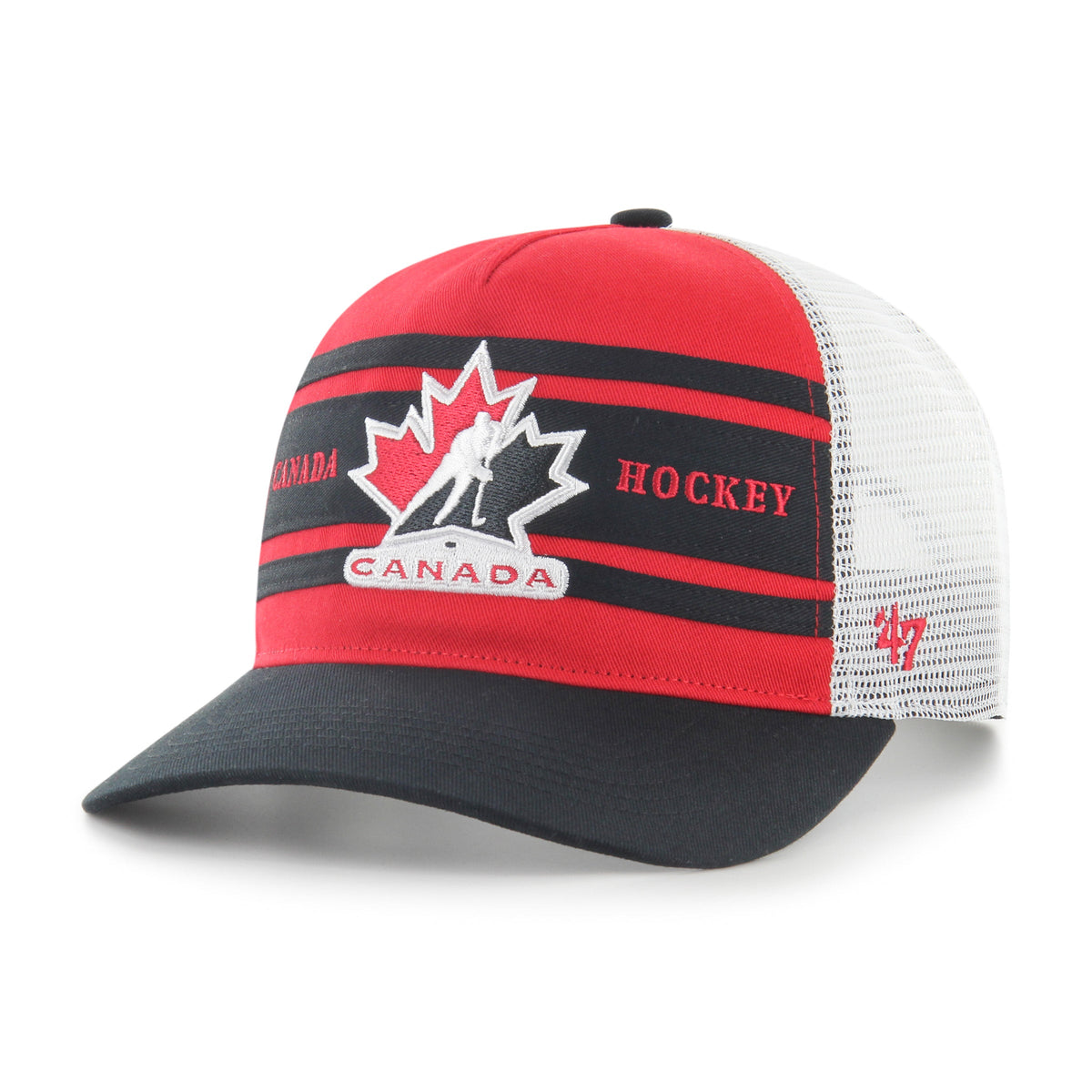 Hockey Canada IIHF 47 Brand Men Red/Black Super Stripe Hitch Trucker Hat product image 1, provided for visual reference and