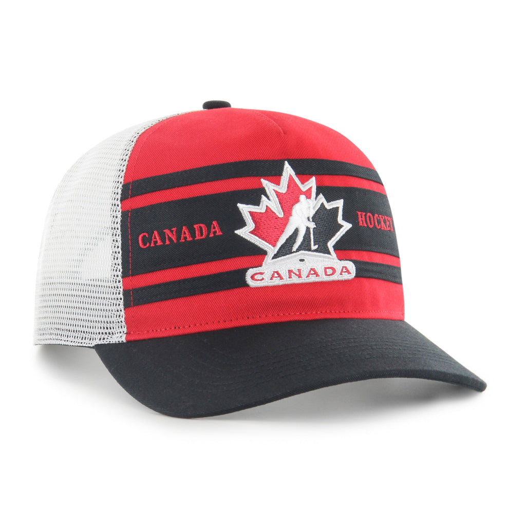 Hockey Canada IIHF 47 Brand Men Red/Black Super Stripe Hitch Trucker Hat product image 3, provided for visual reference and