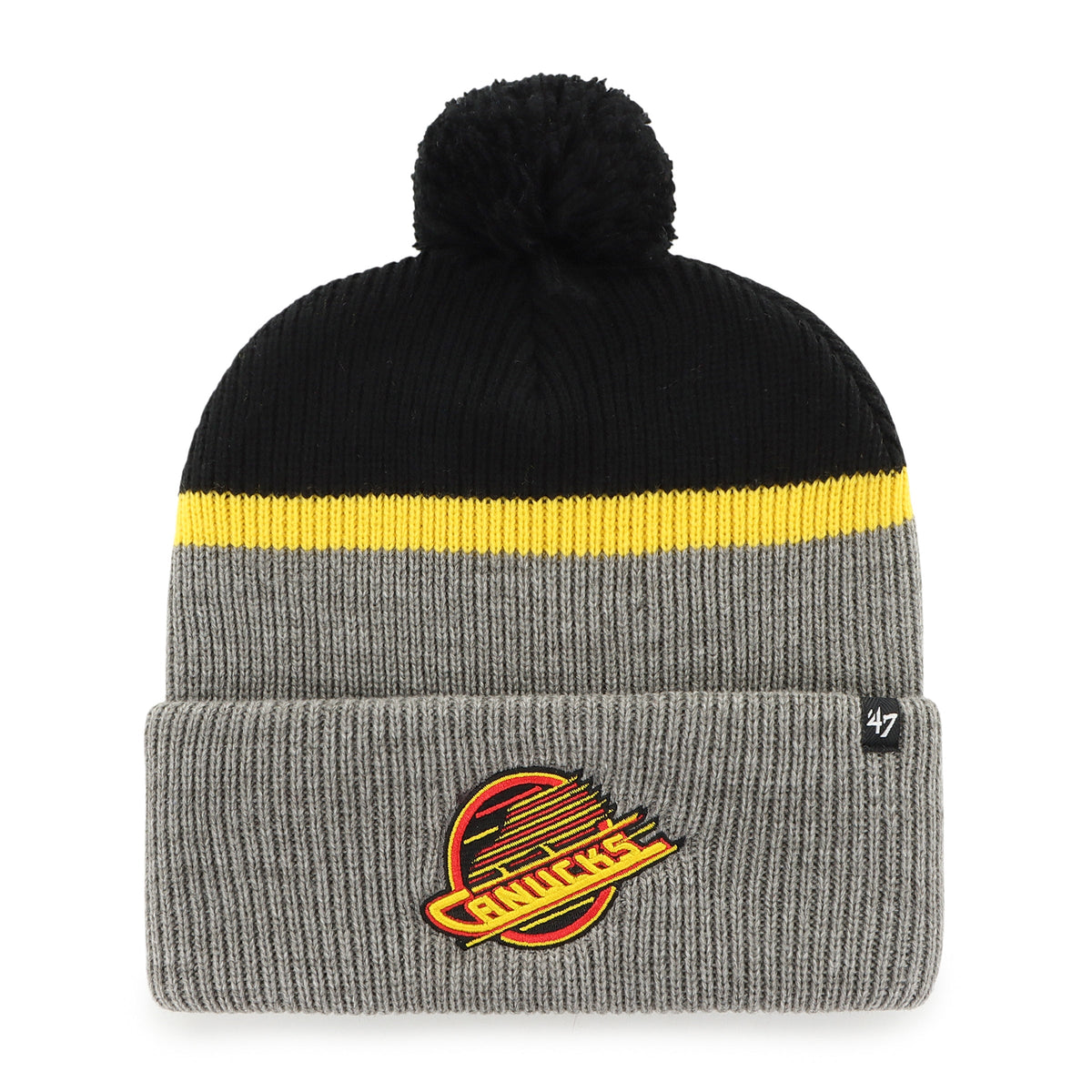 Vancouver Canucks NHL 47 Brand Men Black/Grey Split Shadow Cuff Pom Knit product image 1, provided for visual reference and